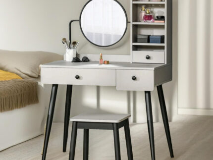 Barnabe White Dressing Table with Round Mirror & Stool