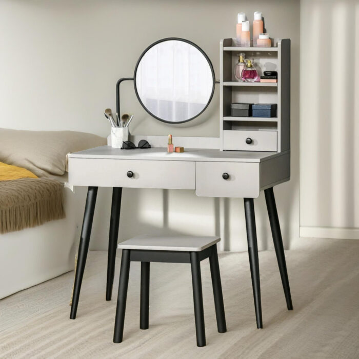 Barnabe White Dressing Table with Round Mirror & Stool