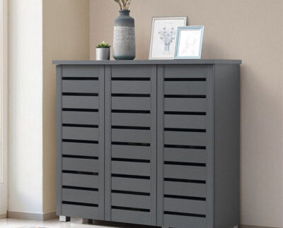 Timber Art Design 4Tier Shoe Storage Cabinet 3 Door Cupboard Stand Rack Unit Dark Grey