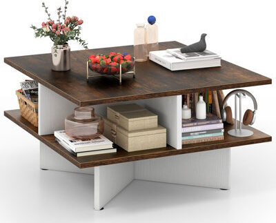 Gainoom 2-Tier Brown Square Coffee Table 60Cm Living Room Center Table