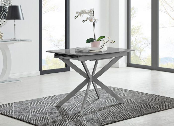 Lira Rectangular Grey High Gloss and Metal Extending 6 Seater Dining Table - Image 2