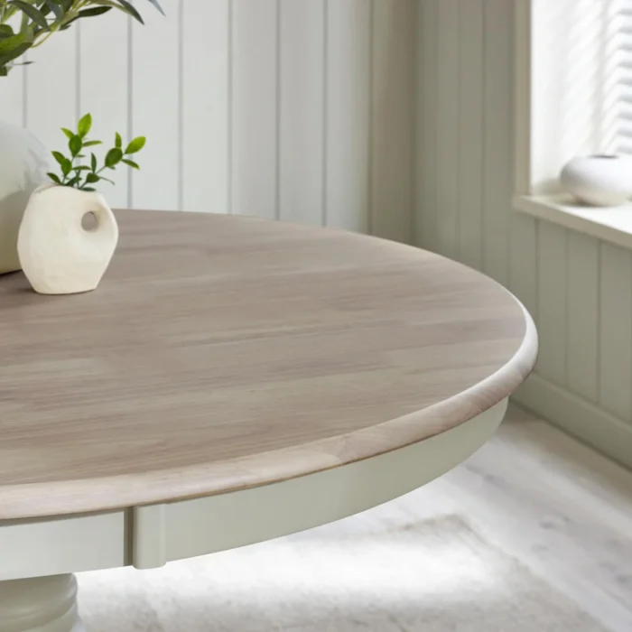 Bude Round Whitewashed and Light Grey Solid Wood 4 Seater Dining Table - Image 2