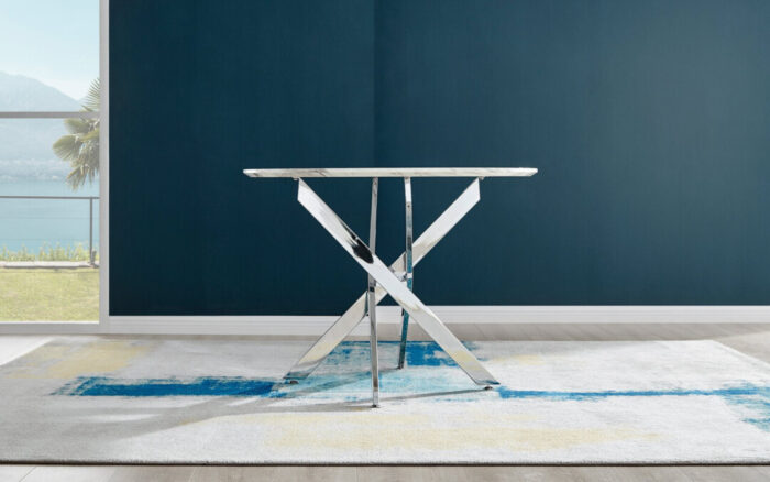 Novara Round White Marble Effect and Silver Metal 4 Seater Dining Table - Image 2