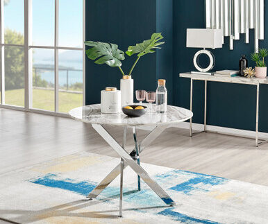 Novara Round White Marble Effect and Silver Metal 4 Seater Dining Table