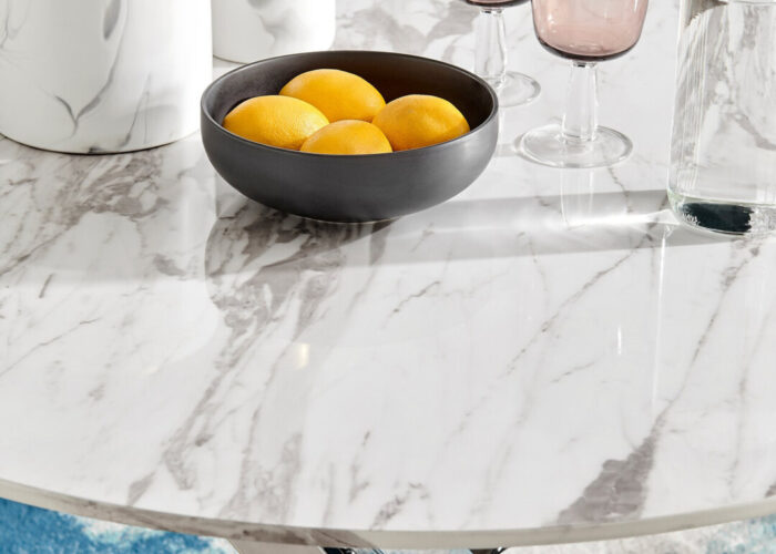 Novara Round White Marble Effect and Silver Metal 4 Seater Dining Table - Image 3