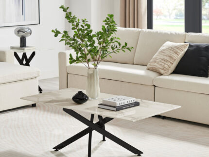 Leonardo Rectangular White Marble Glass and Black Coffee Table