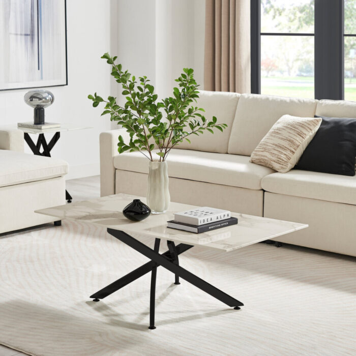 Leonardo Rectangular White Marble Glass and Black Coffee Table