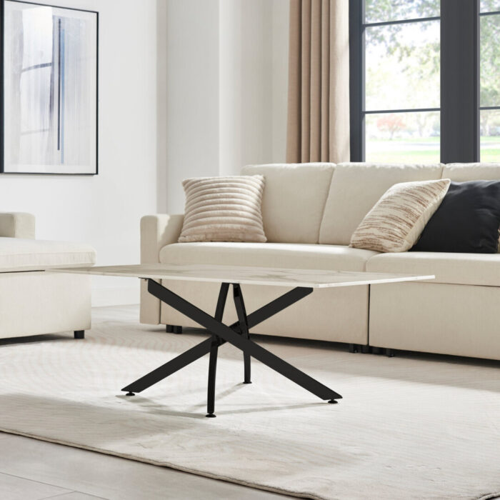 Leonardo Rectangular White Marble Glass and Black Coffee Table - Image 3