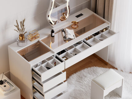 Modern Vanity Set with Lighted Mirror, Charging Station & Jewelry Storage
