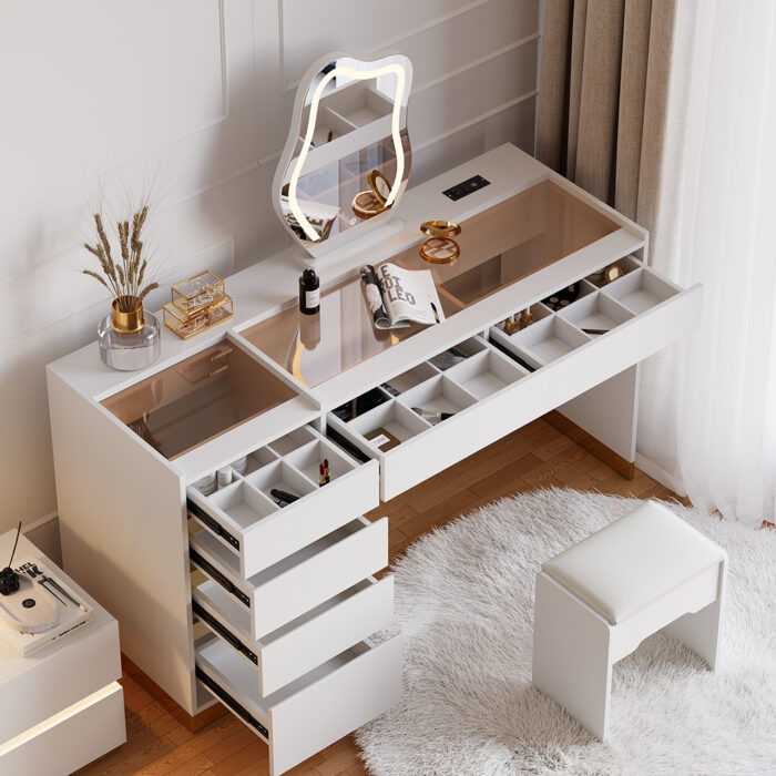 Modern Vanity Set with Lighted Mirror, Charging Station & Jewelry Storage