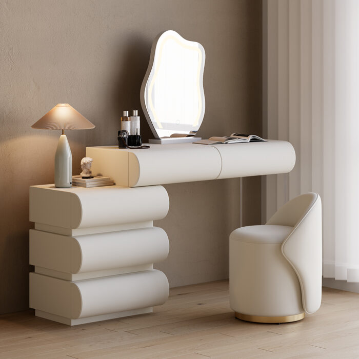 Modern White Makeup Vanity Set PU Leather Dressing Table