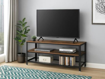 Rackhams 140cm Industrial TV Stand – Rustic Brown with Metal Frame