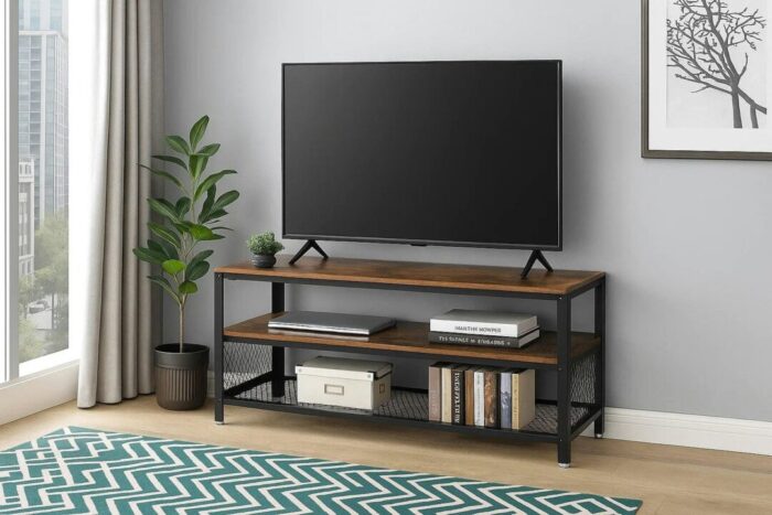 Rackhams 140cm Industrial TV Stand – Rustic Brown with Metal Frame