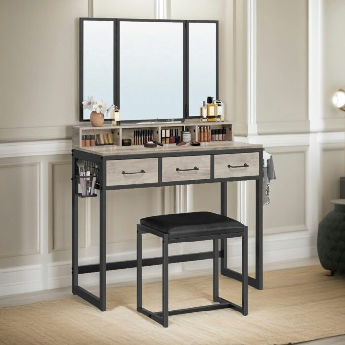 Rackhams 3 Drawer Dressing Table With Mirror And Stool Greige - Image 6