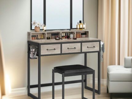 Rackhams 3 Drawer Dressing Table With Mirror And Stool Greige