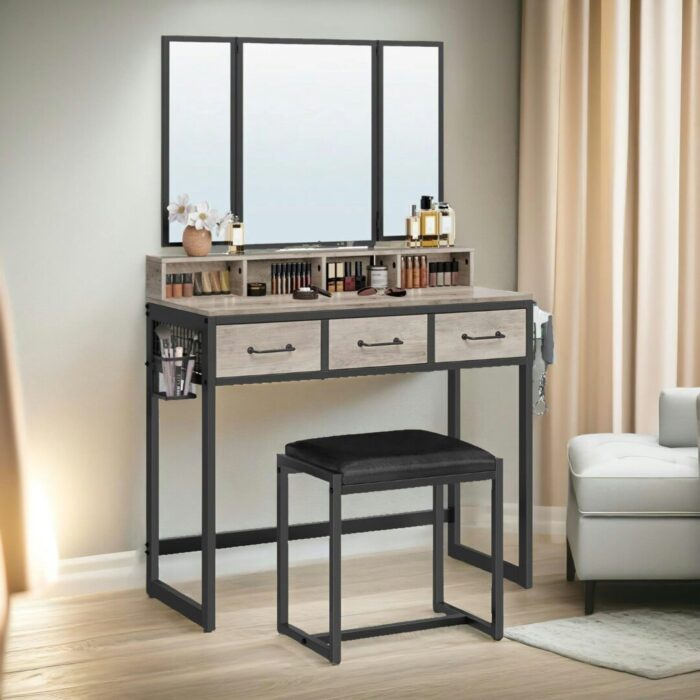 Rackhams 3 Drawer Dressing Table With Mirror And Stool Greige
