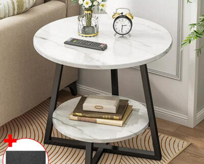 Round White Marble Effect 2-Tier Coffee & Side Table With Black Steel Frame