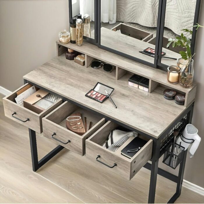Rackhams 3 Drawer Dressing Table With Mirror And Stool Greige - Image 4