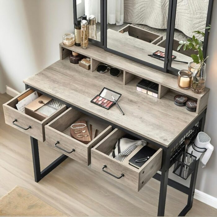 Rackhams 3 Drawer Dressing Table With Mirror And Stool Greige - Image 3