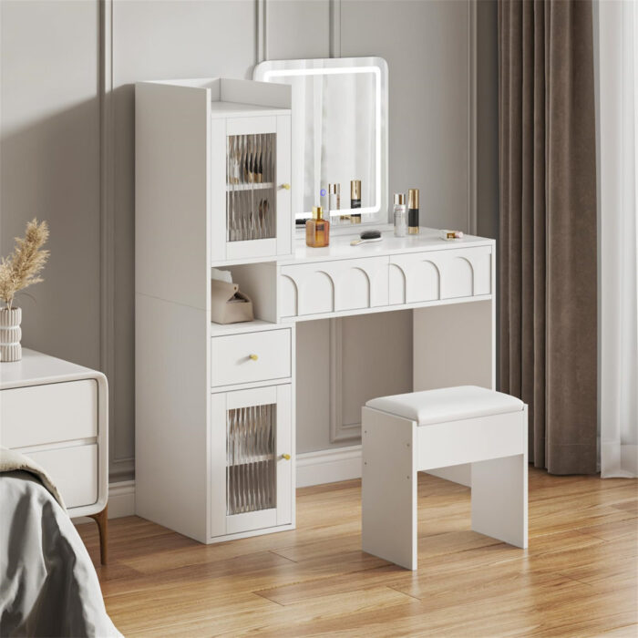 Modern White Dressing Table with Sliding Lighted Mirror, Stool & Storage