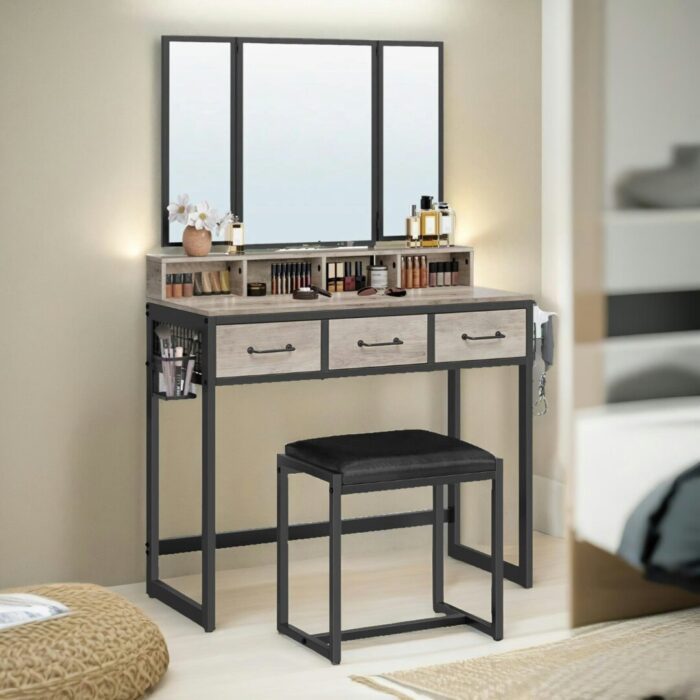 Rackhams 3 Drawer Dressing Table With Mirror And Stool Greige - Image 5